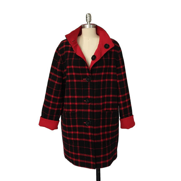 Jones New York Reversible Jacket Coat Size M Red Plaid Retro Style Wool Blend - Picture 3 of 8